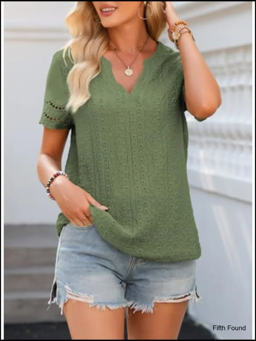 V Neck Short Sleeve Lace Eyelet Blouse Dressy Casual Summer Top - Picture 2 of 7